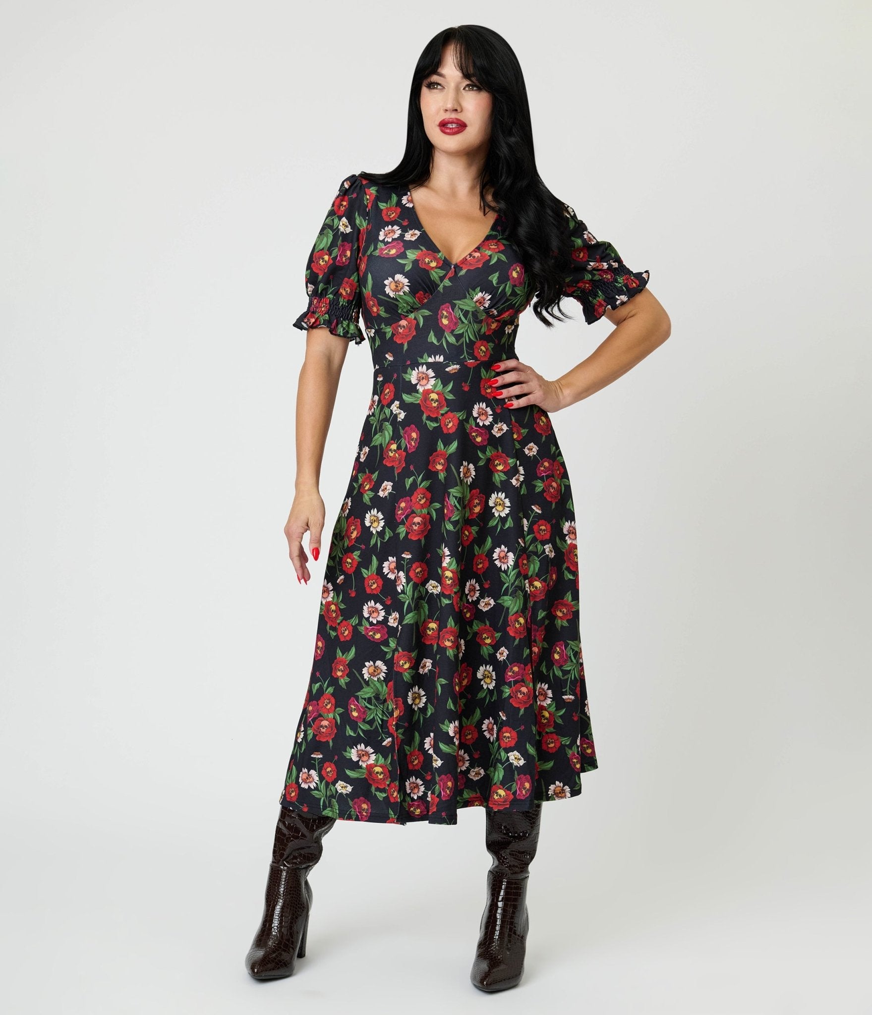 Jawbreaker Black Skull Flower Midi Dress - Unique Vintage - Womens, DRESSES, MIDI