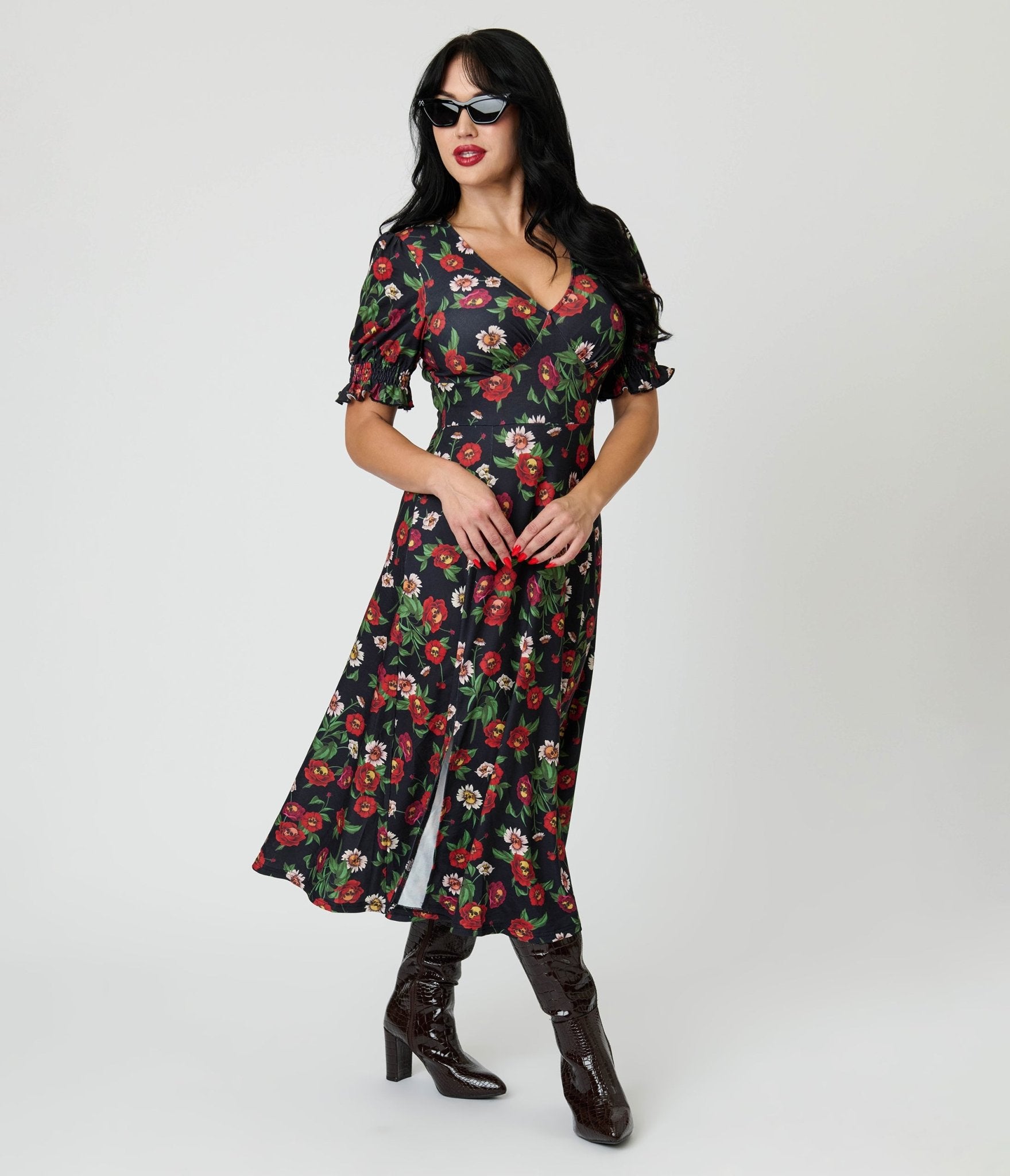 Jawbreaker Black Skull Flower Midi Dress - Unique Vintage - Womens, DRESSES, MIDI