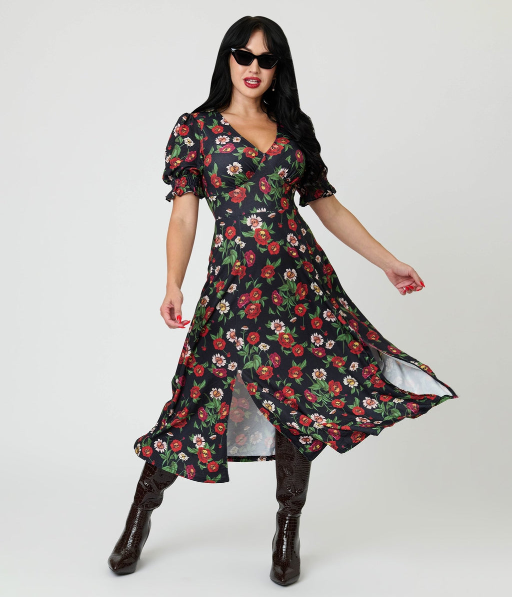 Jawbreaker Black Skull Flower Midi Dress - Unique Vintage - Womens, DRESSES, MIDI
