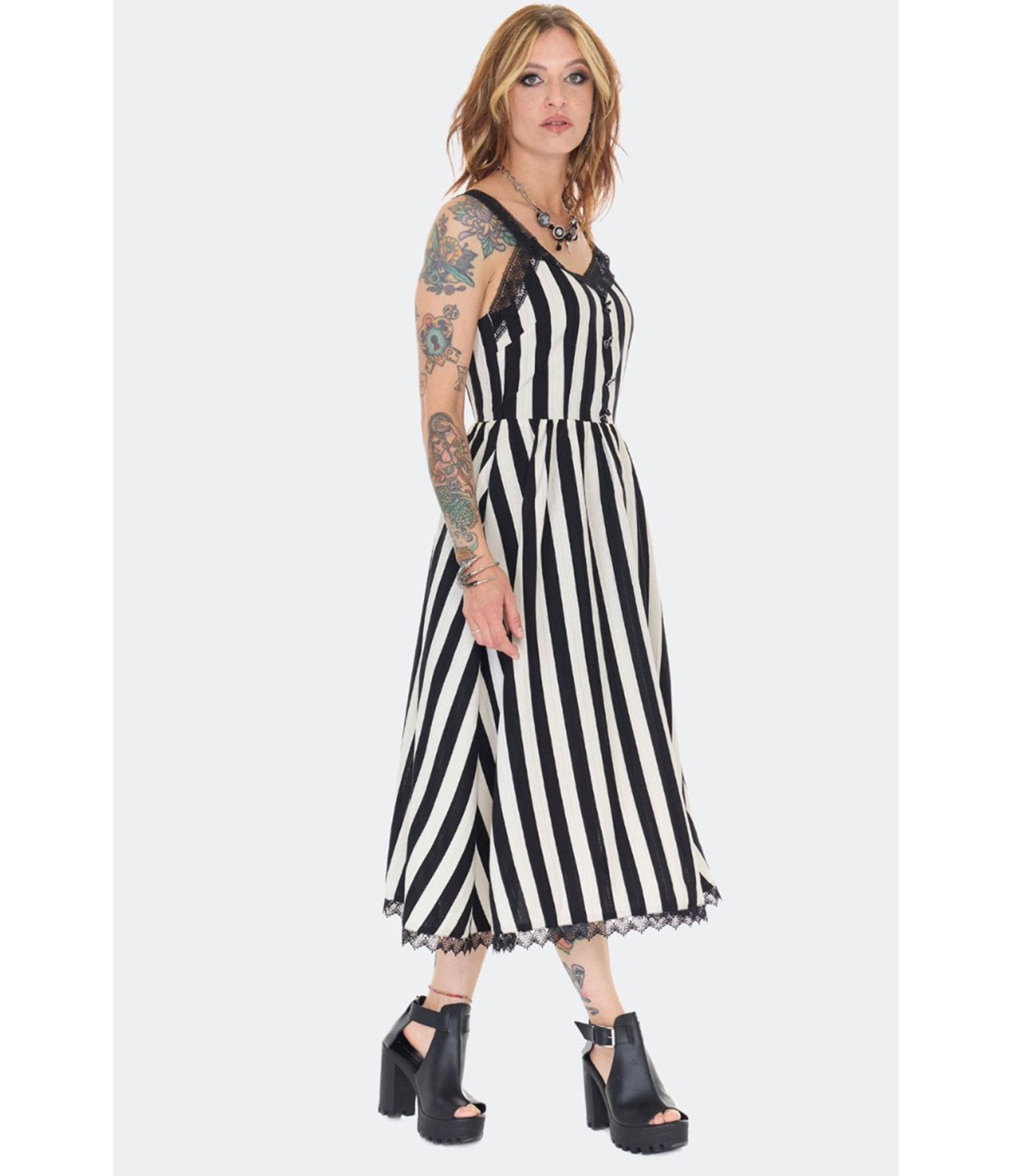 Jawbreaker Black & White Striped Midi Dress Unique Vintage Jawbreaker Black & White Striped Midi Dress Unique Vintage