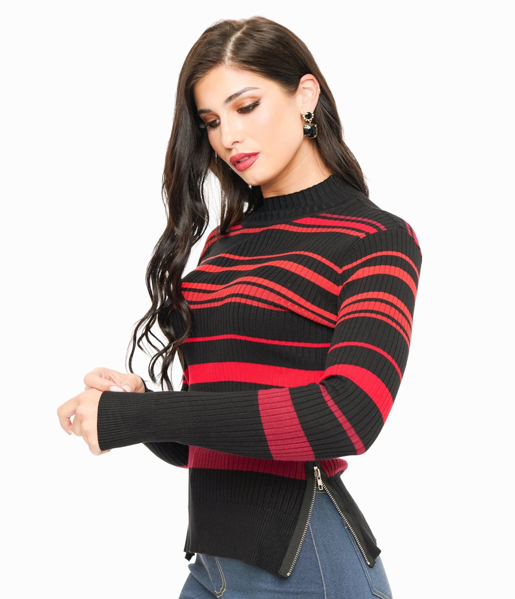 Jawbreaker Red & Black Stripe High Neck Sweater - Unique Vintage - Womens, TOPS, SWEATERS