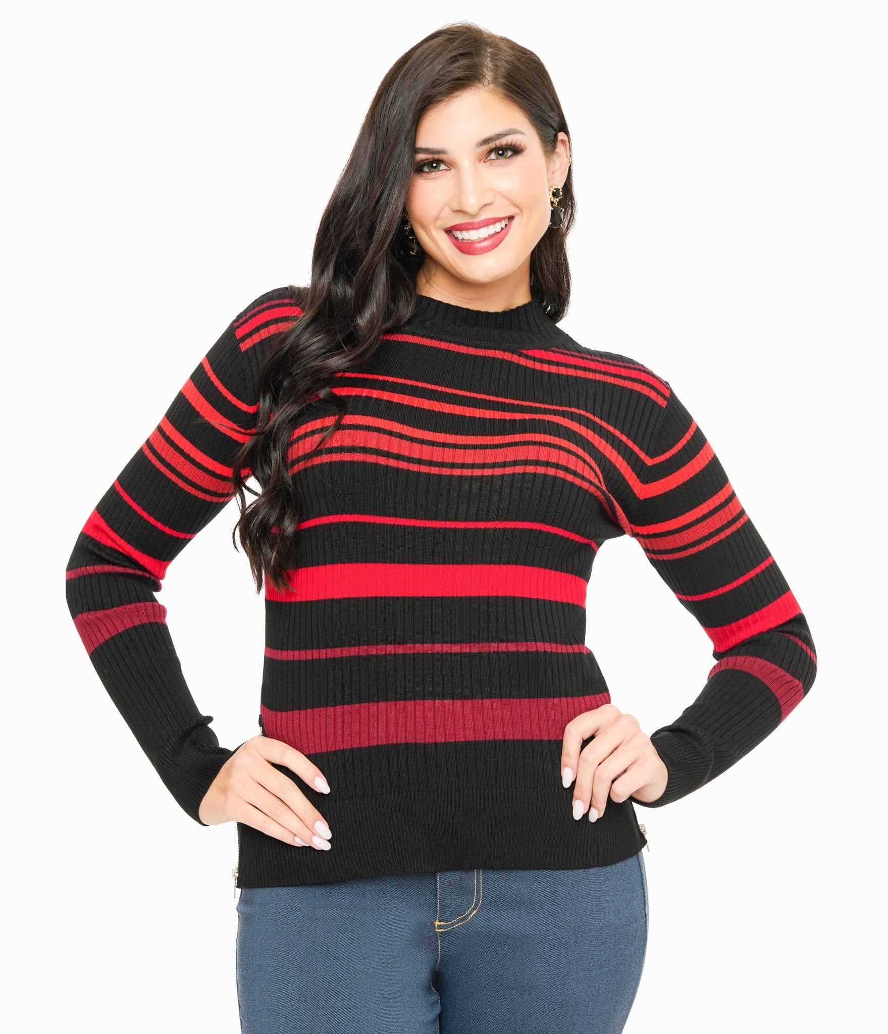 Jawbreaker Red & Black Stripe High Neck Sweater - Unique Vintage - Womens, TOPS, SWEATERS
