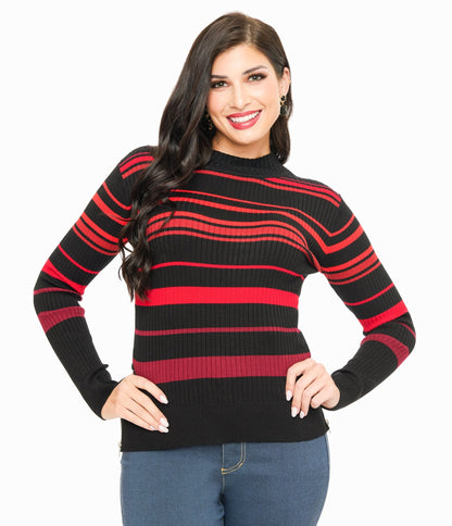 Jawbreaker Red & Black Stripe High Neck Sweater - Unique Vintage - Womens, TOPS, SWEATERS