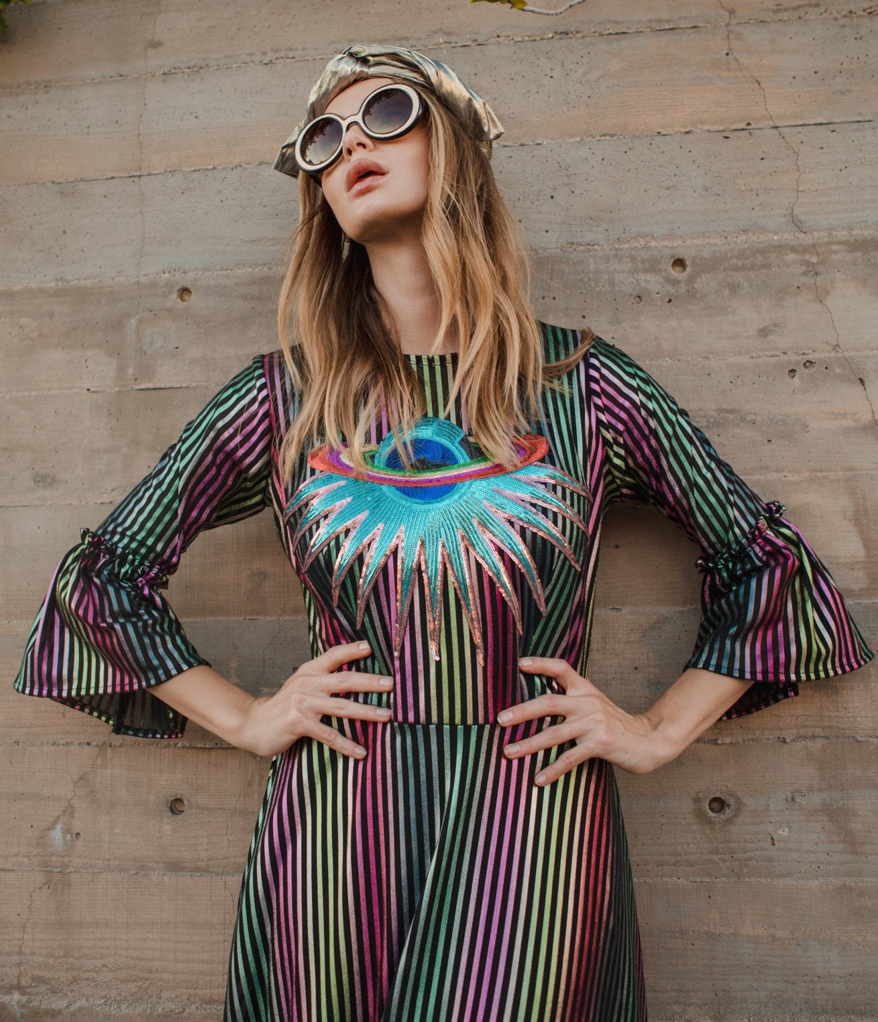 Jennafer Grace Iridescent Rainbow Stripe Planet Queen Carnivale Ruffle Dress - Unique Vintage - Womens, DRESSES, FIT & FLARE