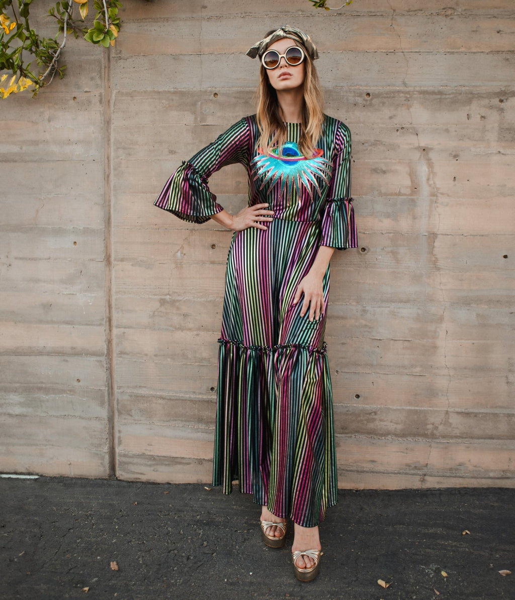 Jennafer Grace Iridescent Rainbow Stripe Planet Queen Carnivale Ruffle Dress - Unique Vintage - Womens, DRESSES, FIT & FLARE