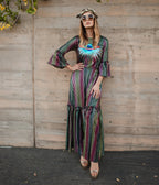 Jennafer Grace Iridescent Rainbow Stripe Planet Queen Carnivale Ruffle Dress - Unique Vintage - Womens, DRESSES, FIT & FLARE