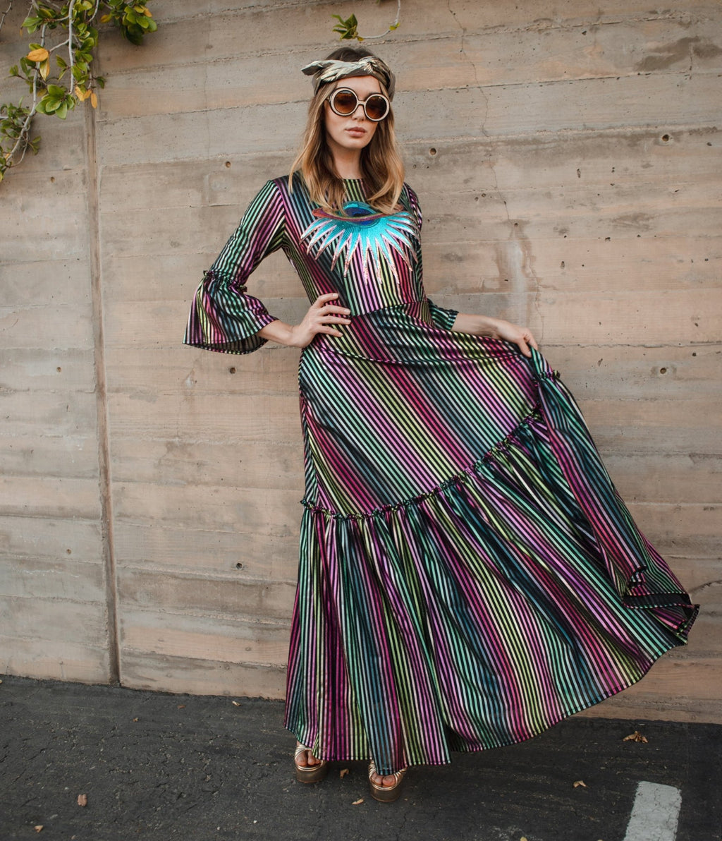 Jennafer Grace Iridescent Rainbow Stripe Planet Queen Carnivale Ruffle Dress - Unique Vintage - Womens, DRESSES, FIT & FLARE