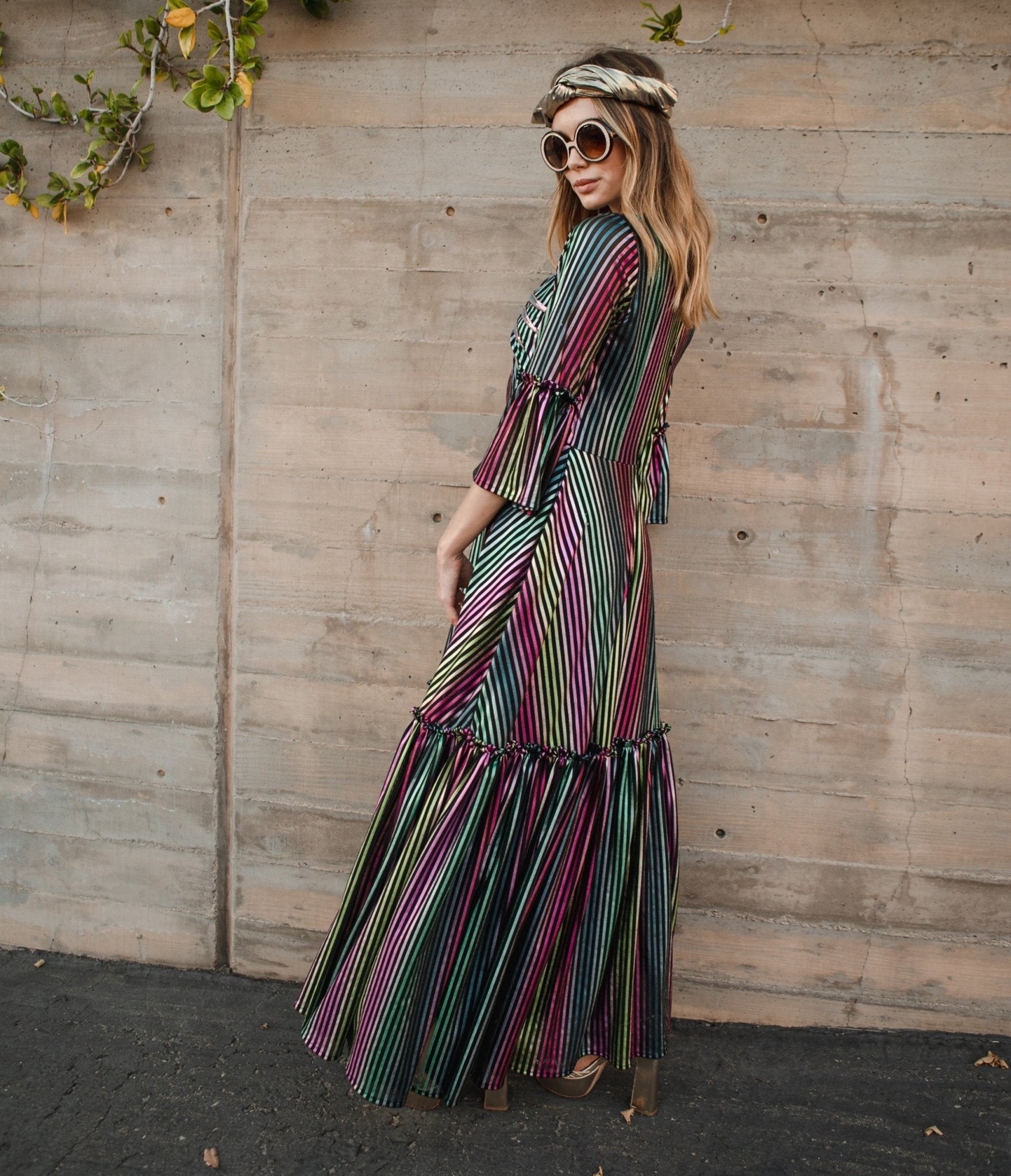 Jennafer Grace Iridescent Rainbow Stripe Planet Queen Carnivale Ruffle Dress - Unique Vintage - Womens, DRESSES, FIT & FLARE