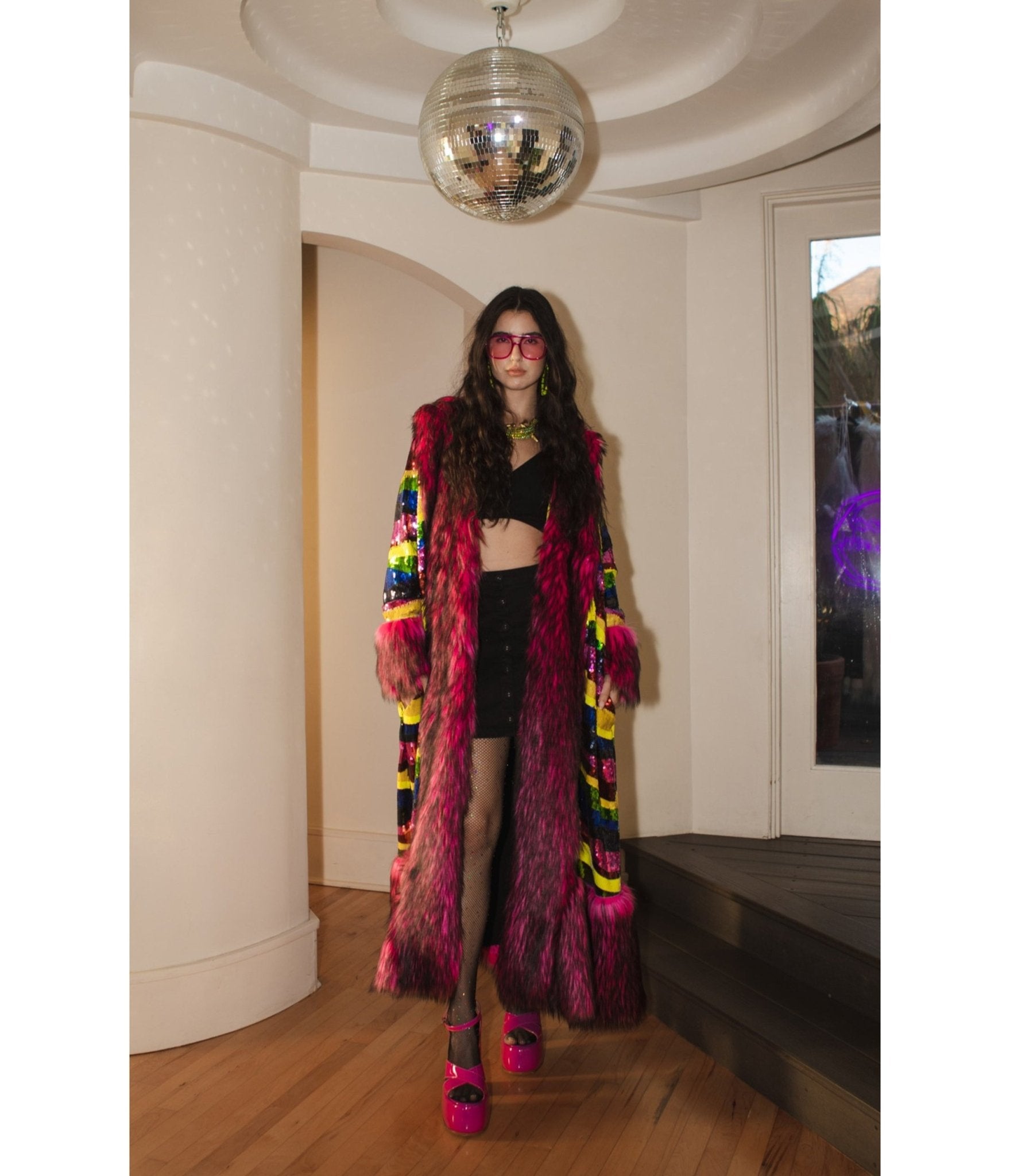 Jennafer Grace Penny Deluxe Rainbow Road Faux Fur Jacket - Unique Vintage - Womens, TOPS, OUTERWEAR