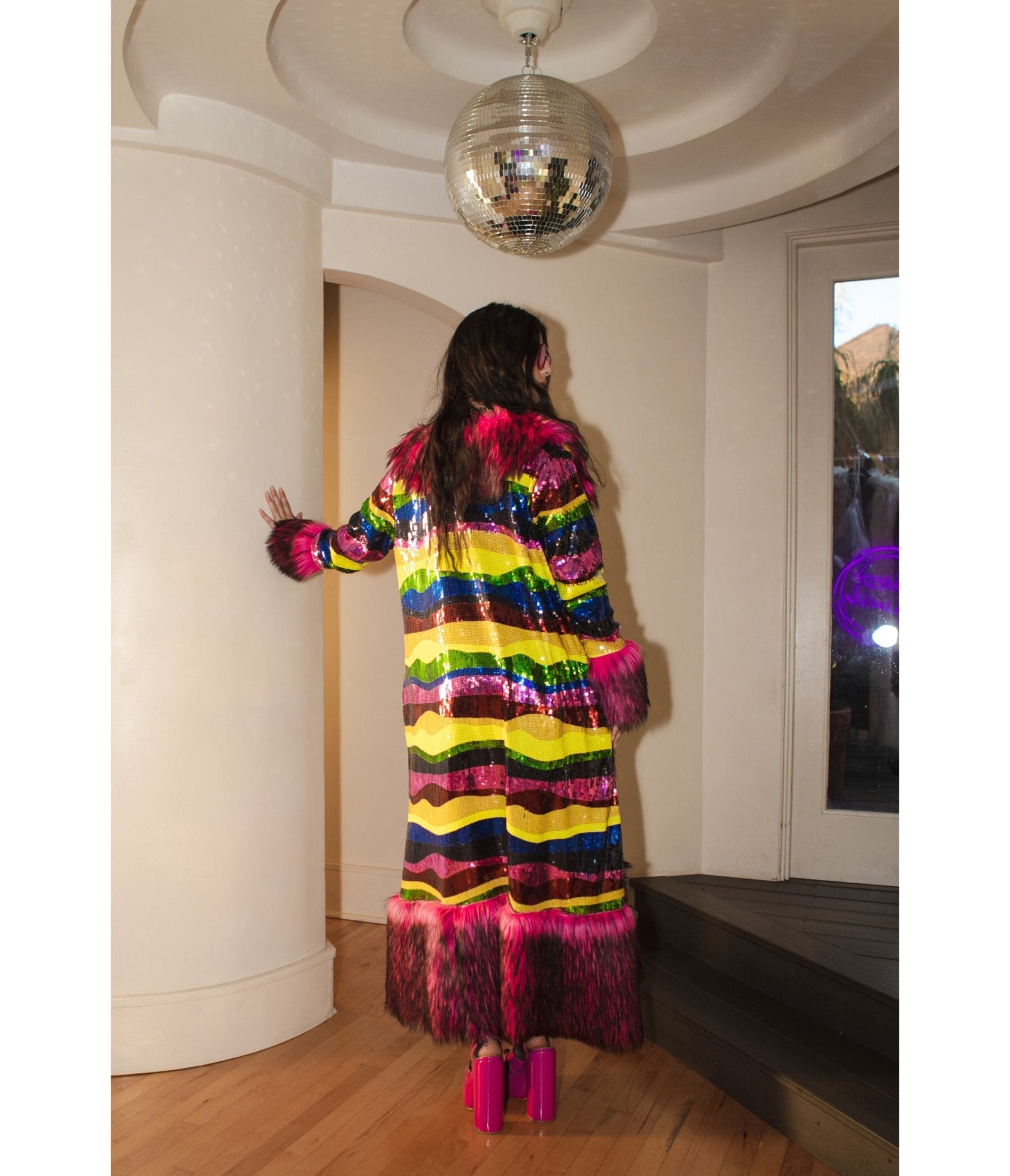Jennafer Grace Penny Deluxe Rainbow Road Faux Fur Jacket - Unique Vintage - Womens, TOPS, OUTERWEAR