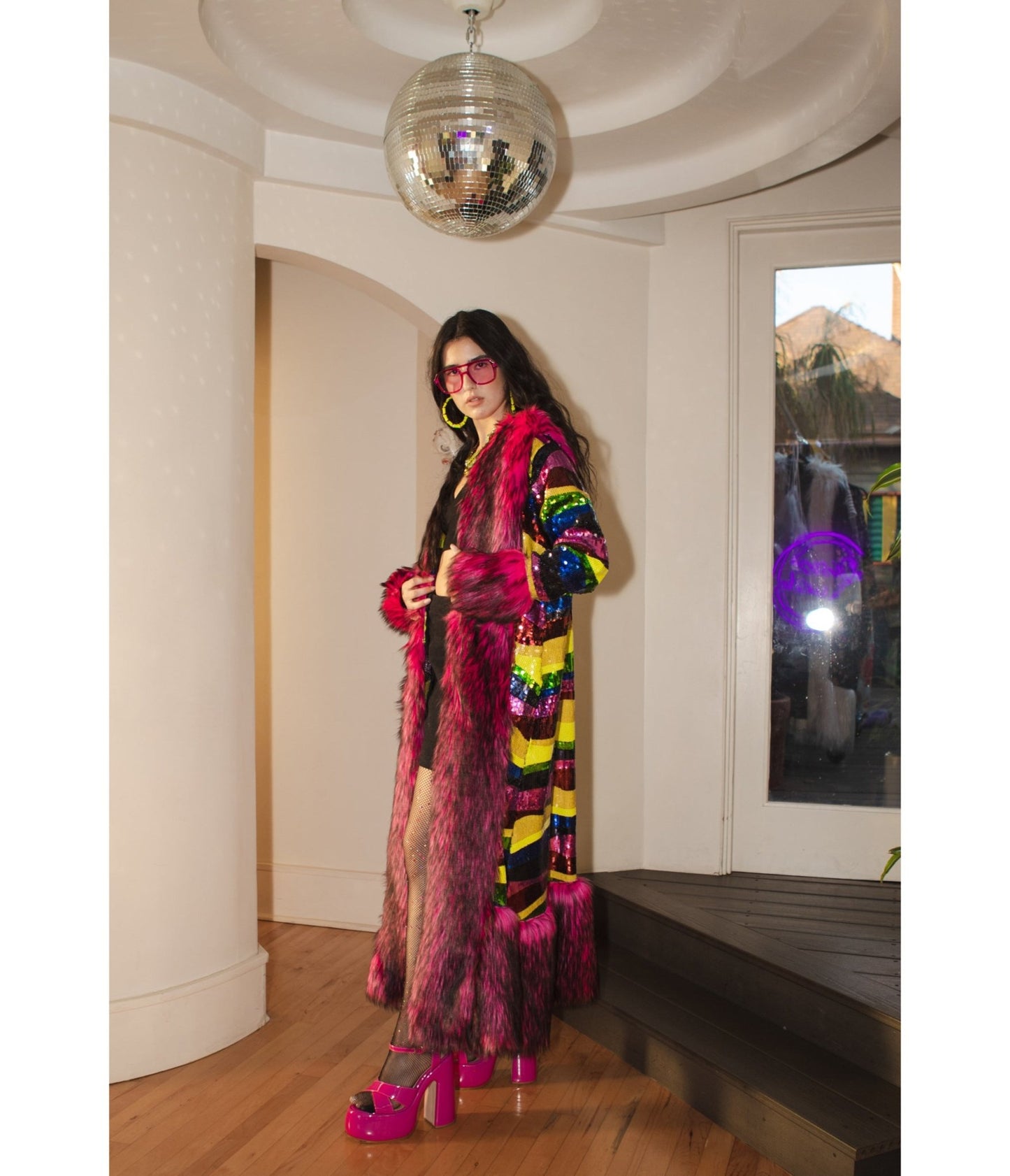 Jennafer Grace Penny Deluxe Rainbow Road Faux Fur Jacket - Unique Vintage - Womens, TOPS, OUTERWEAR