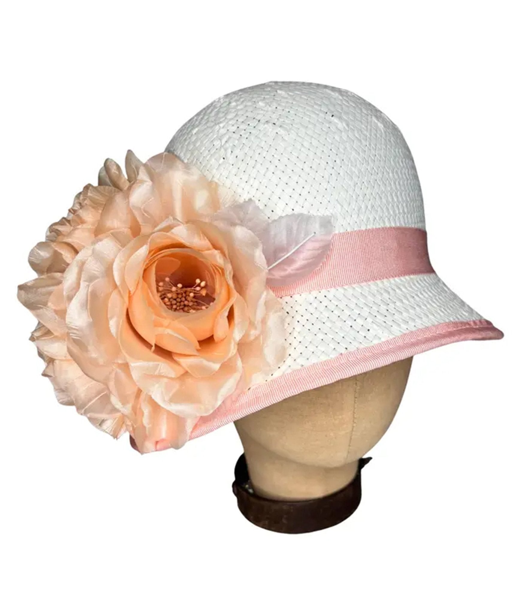 Kathy Jeanne 1920s White Straw & Peach Rose Cloche - Unique Vintage - Womens, ACCESSORIES, HATS