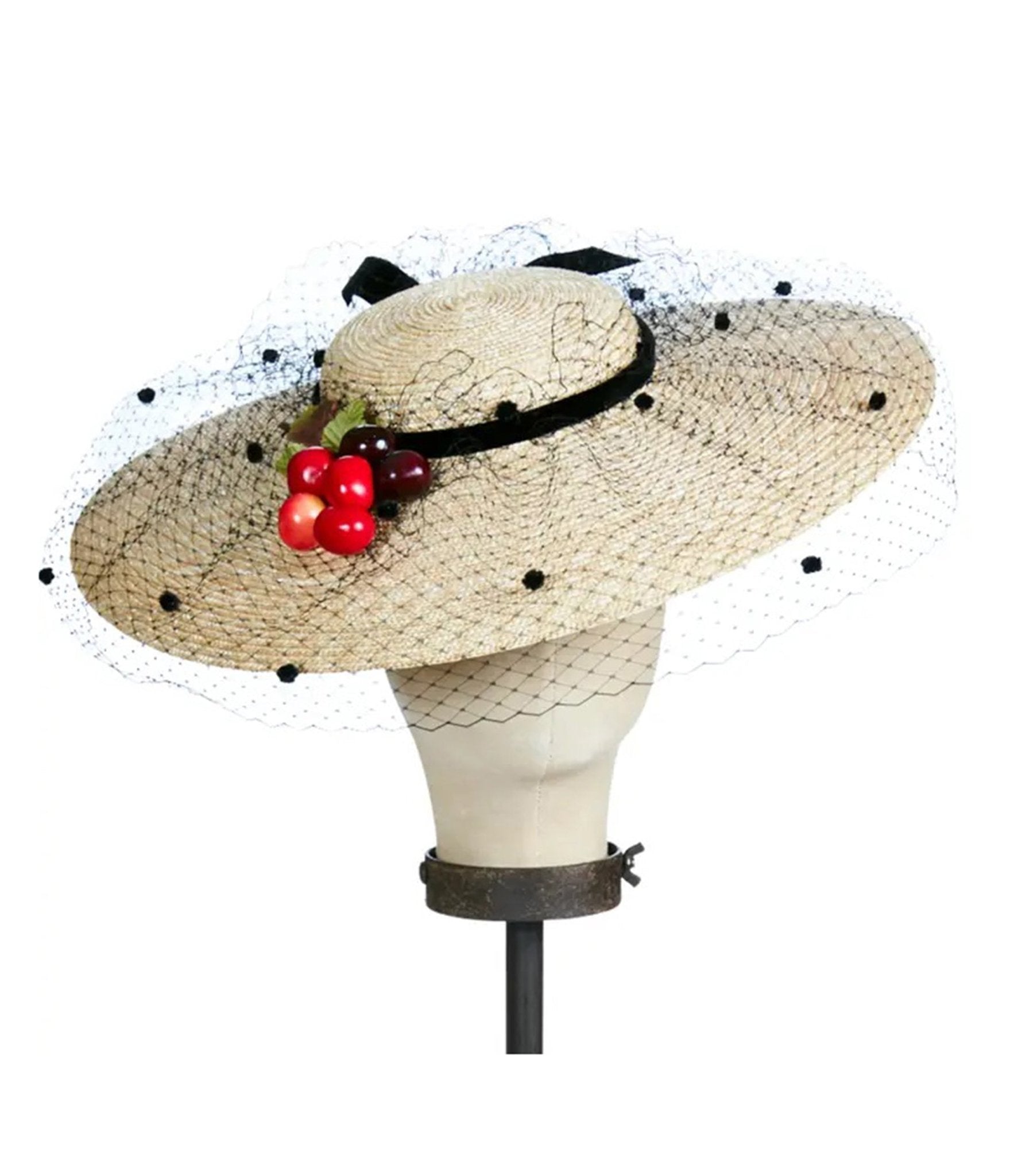 Kathy Jeanne Straw & Cherry Platter Fascinator - Unique Vintage - Womens, ACCESSORIES, HATS
