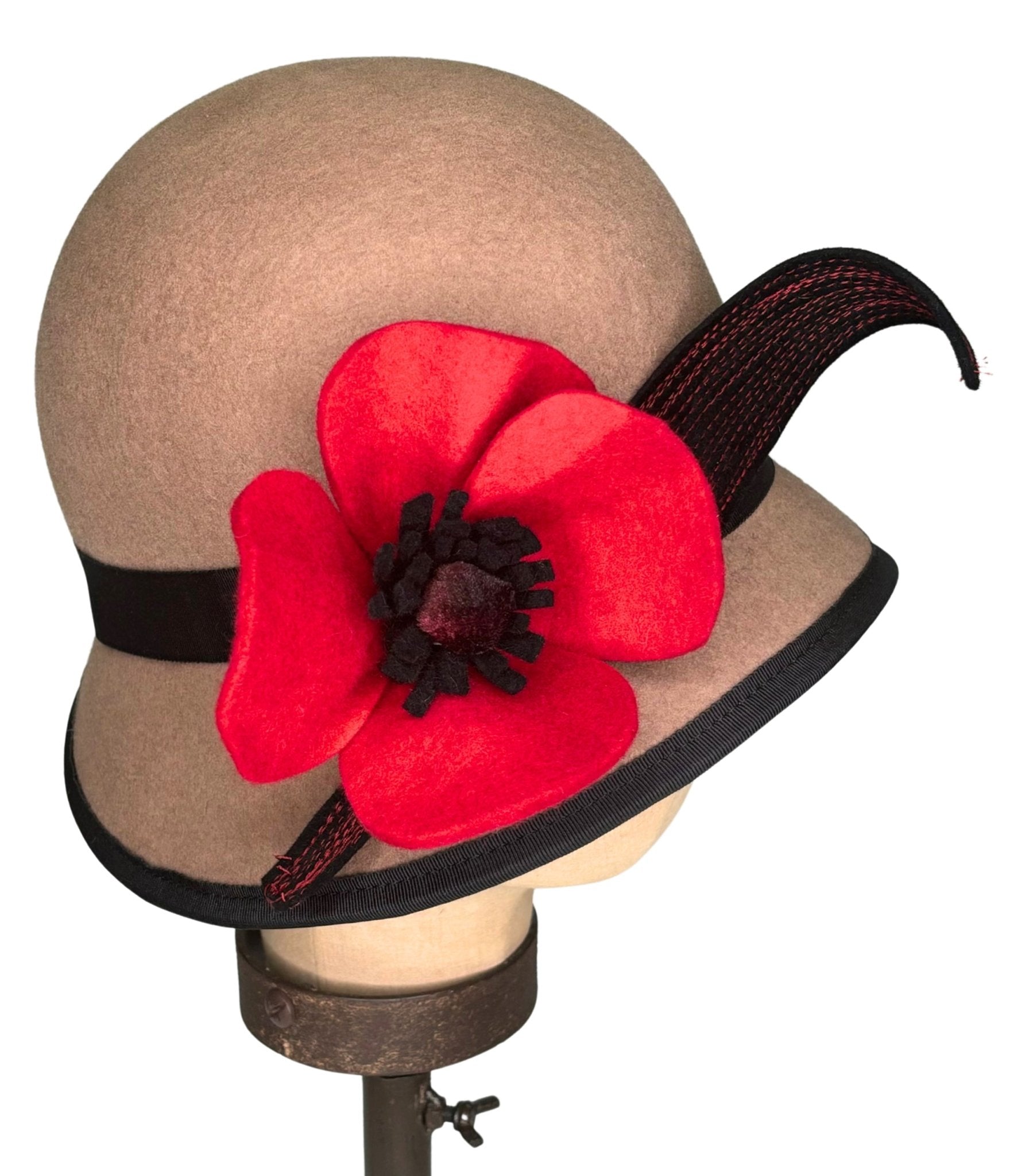 Kathy Jeanne Taupe & Red Flower Wool Cloche Hat - Unique Vintage - Womens, ACCESSORIES, HATS