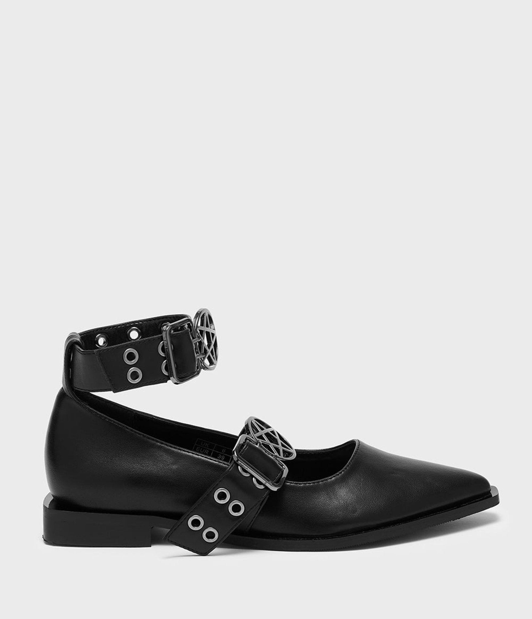 Kill Star Black Leatherette Buckle Flats - Unique Vintage - Womens, SHOES, HEELS