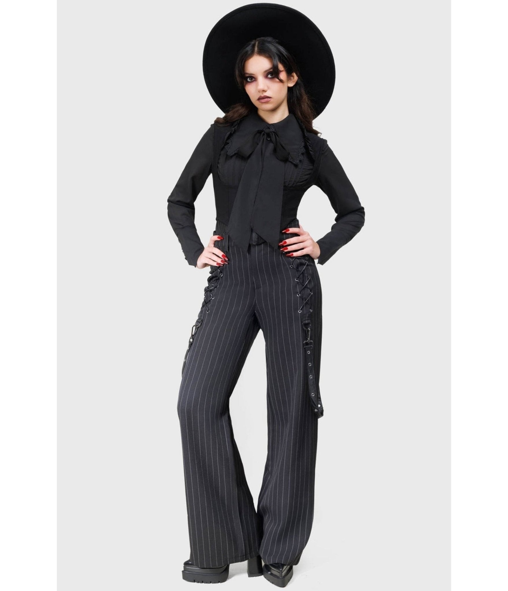 Kill Star Black Pinstripe Trousers - Unique Vintage - Womens, BOTTOMS, PANTS