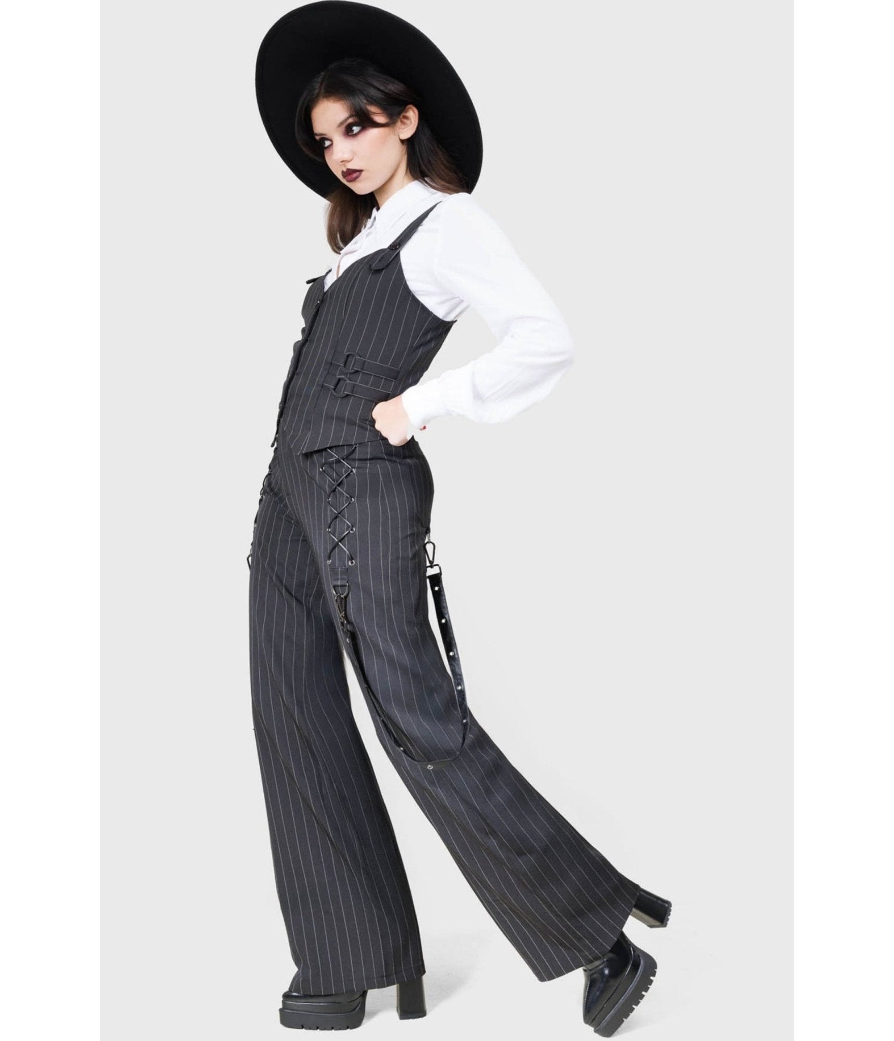 Kill Star Black Pinstripe Trousers - Unique Vintage - Womens, BOTTOMS, PANTS