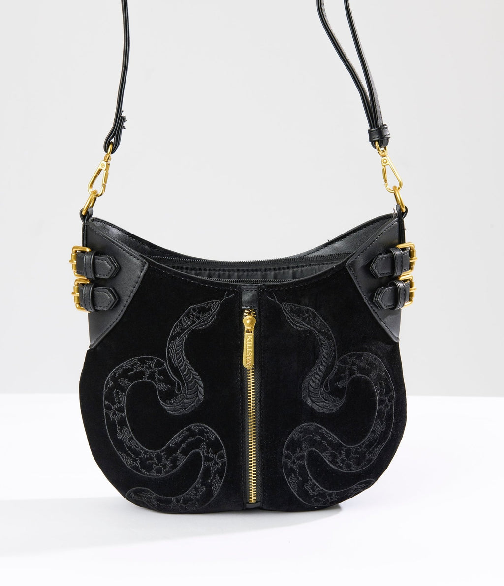 Killstar Black Suede Snake Adder Handbag - Unique Vintage - Womens, ACCESSORIES, HANDBAGS