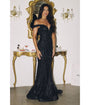 LaDivine by Cinderella Divine Black Off-the-Shoulder Sequin Lace Evening Gown with Subtle Flare
