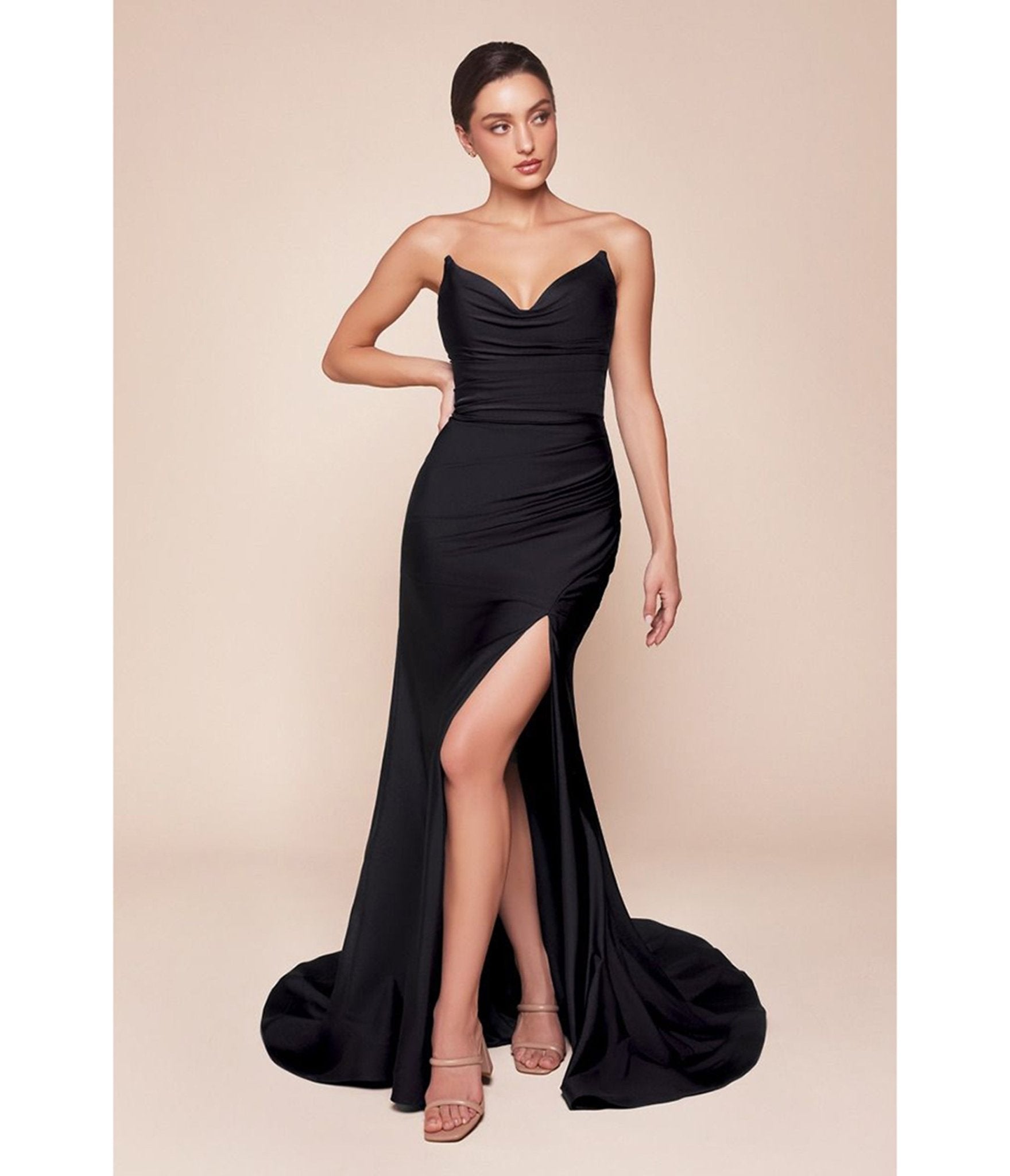 Ladivine by Cinderella Divine Black Satin Fitted Strapless Slit Prom Dress - Unique Vintage - Womens, DRESSES, PROM AND SPECIAL OCCASION