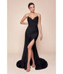 Ladivine by Cinderella Divine Black Satin Fitted Strapless Slit Prom Dress