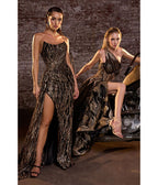 LaDivine by Cinderella Divine Black Sequin - Appliqué Mermaid Gown with V - Neck Sheer Bodice - Unique Vintage - Womens