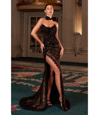 LaDivine by Cinderella Divine Black Strapless Beaded Lace Appliqués Evening Gown - Unique Vintage - Womens