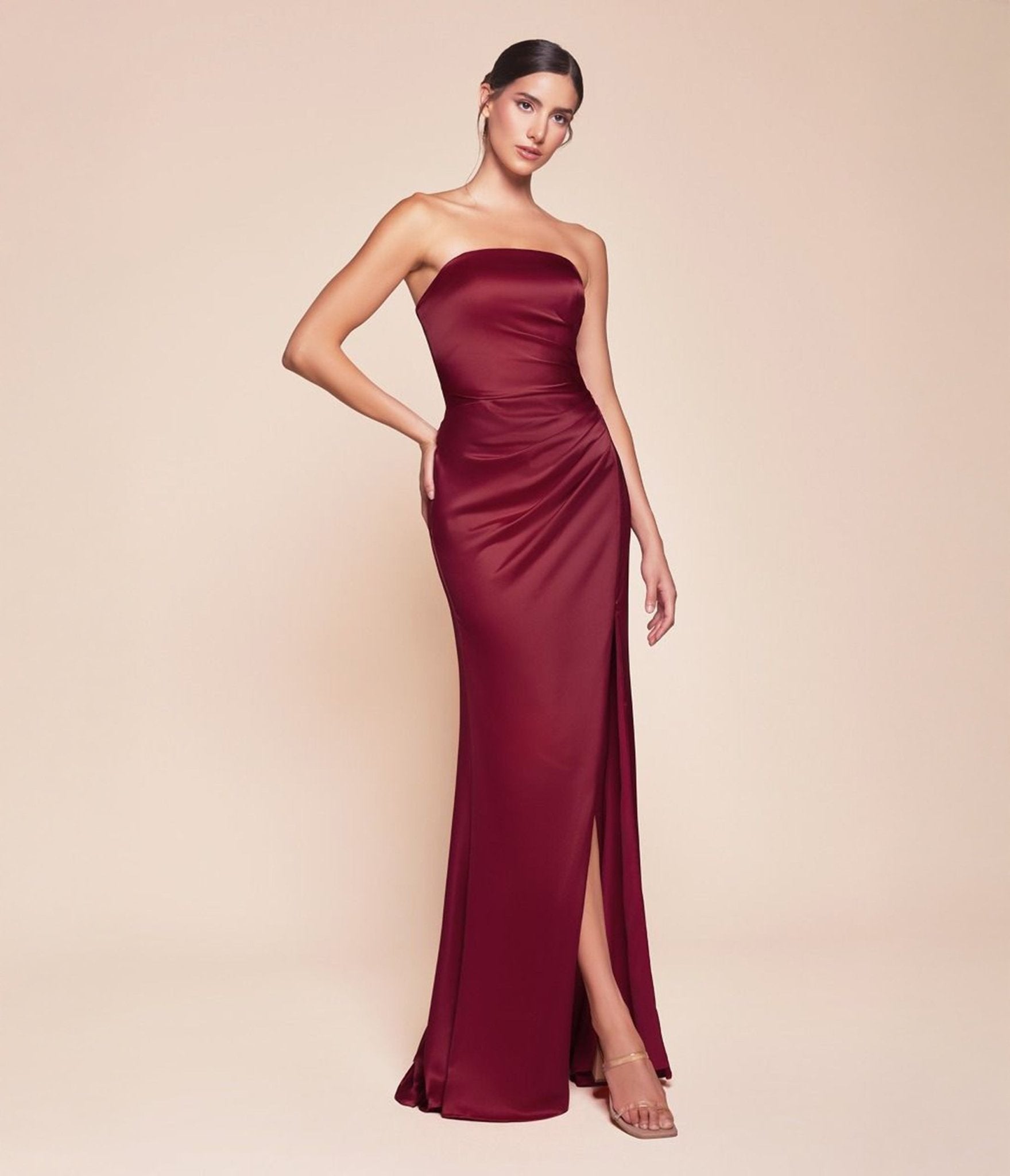 Ladivine by Cinderella Divine Burgandy Strapless Satin Dress & Sash - Unique Vintage - Womens, DRESSES, PROM AND SPECIAL OCCASION