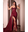 Ladivine by Cinderella Divine Burgundy Applique Glitter Strapless Slit Prom Dress