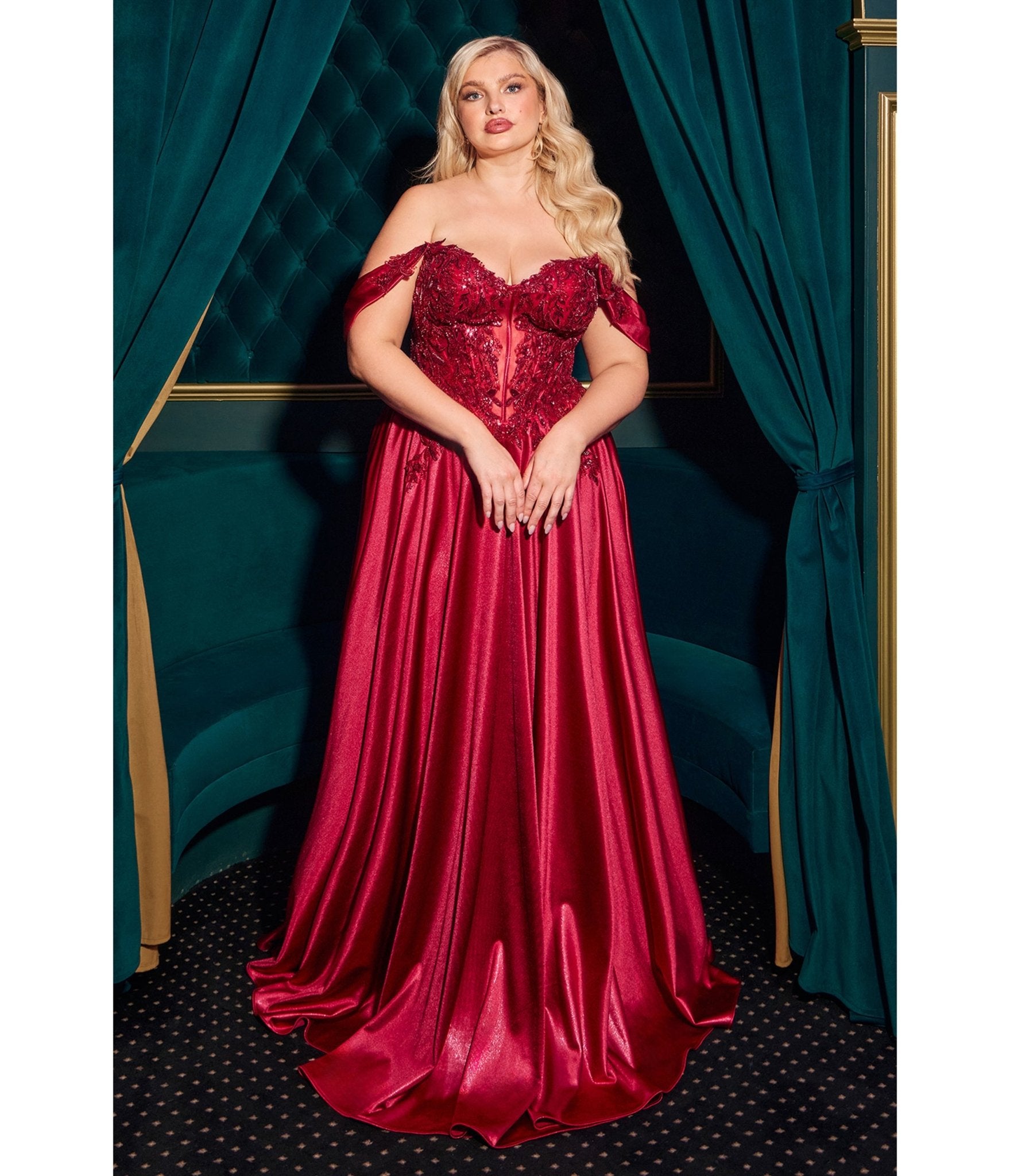 LaDivine by Cinderella Divine Burgundy Convertible Strapless Beaded Lace Appliqués Gown - Unique Vintage - Womens