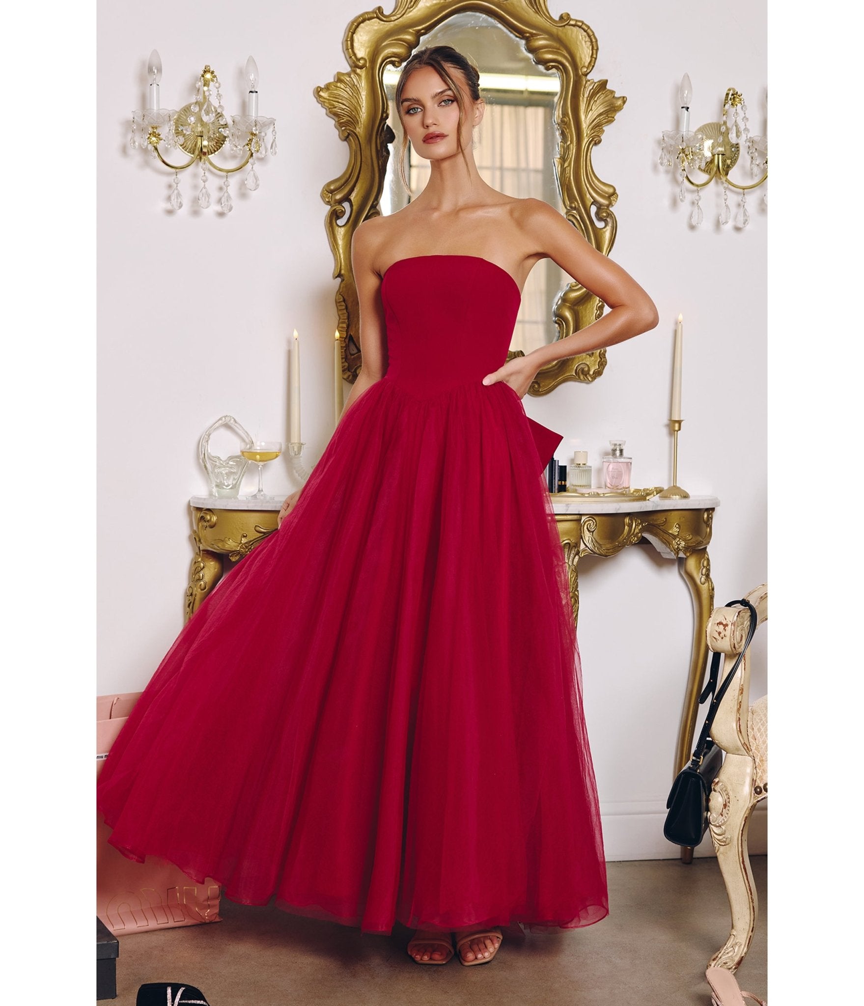LaDivine by Cinderella Divine Burgundy Crepe Bodice Tulle Ball Gown with Statement Bow