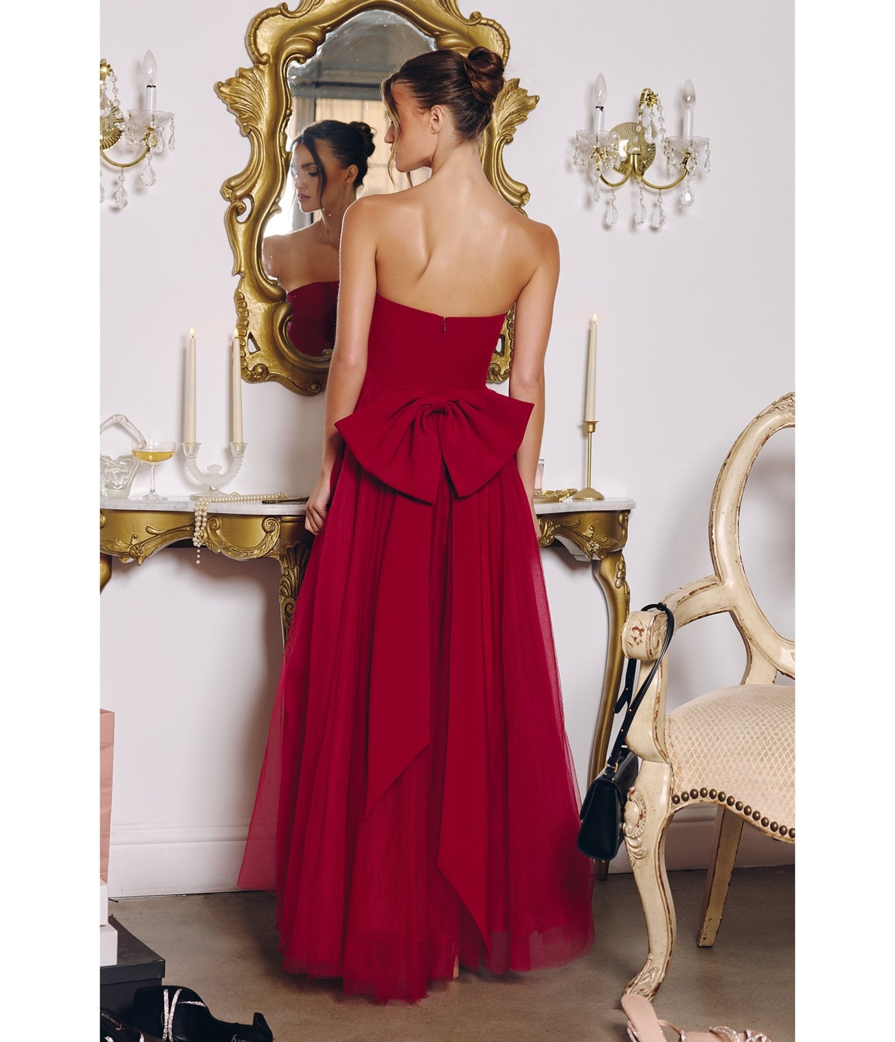 LaDivine by Cinderella Divine Burgundy Crepe Bodice Tulle Ball Gown with Statement Bow