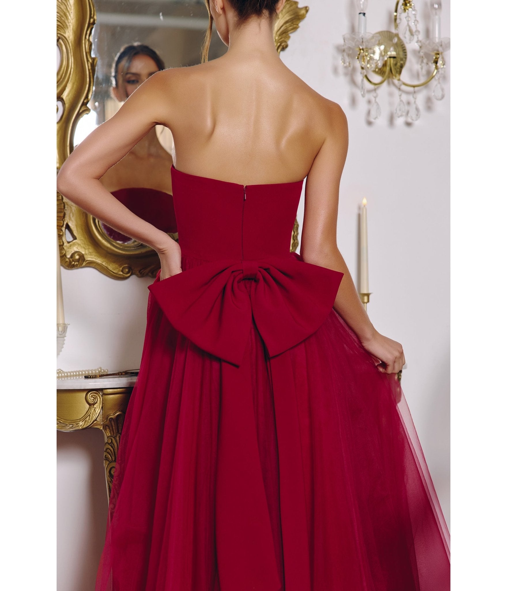 LaDivine by Cinderella Divine Burgundy Crepe Bodice Tulle Ball Gown with Statement Bow