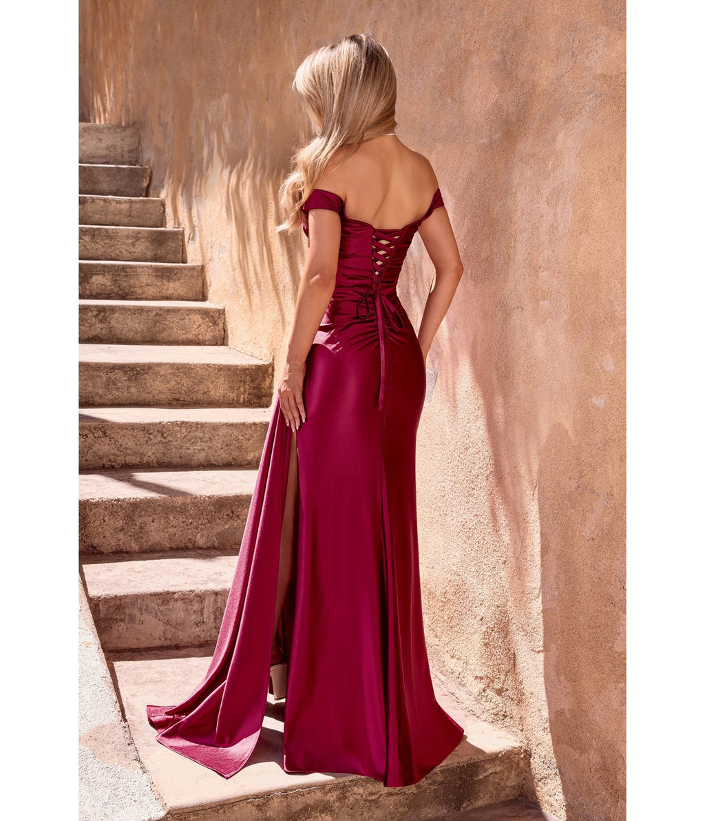 LaDivine by Cinderella Divine Burgundy Off - Shoulder Ruched Satin Formal Dress - Unique Vintage - Womens