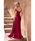 LaDivine by Cinderella Divine Burgundy Off - Shoulder Ruched Satin Formal Dress - Unique Vintage - Womens