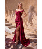 LaDivine by Cinderella Divine Burgundy Off - Shoulder Ruched Satin Formal Dress - Unique Vintage - Womens