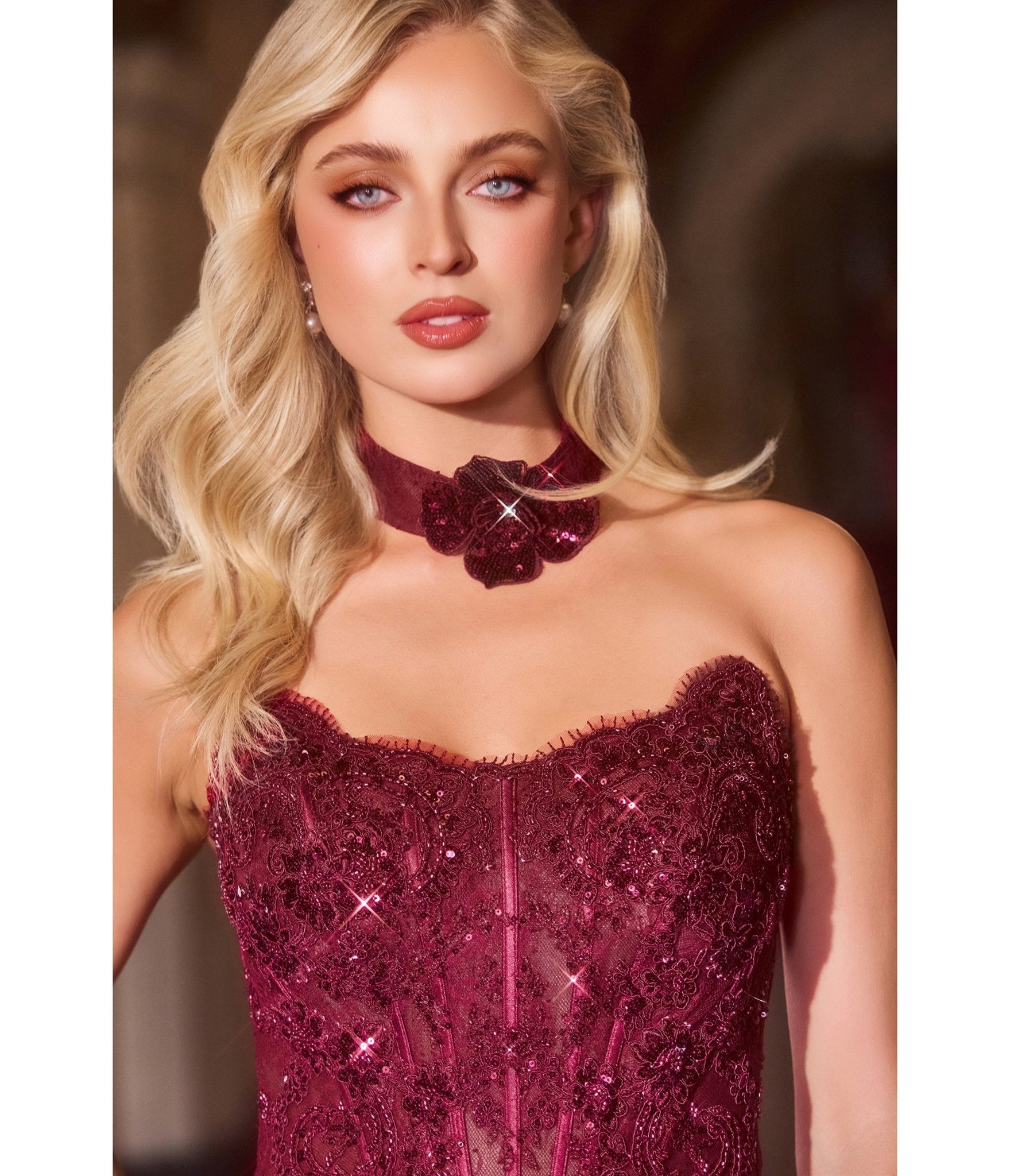 LaDivine by Cinderella Divine Burgundy Strapless Beaded Lace Appliqus LaDivine by Cinderella Divine Burgundy Strapless Beaded Lace Appliqus