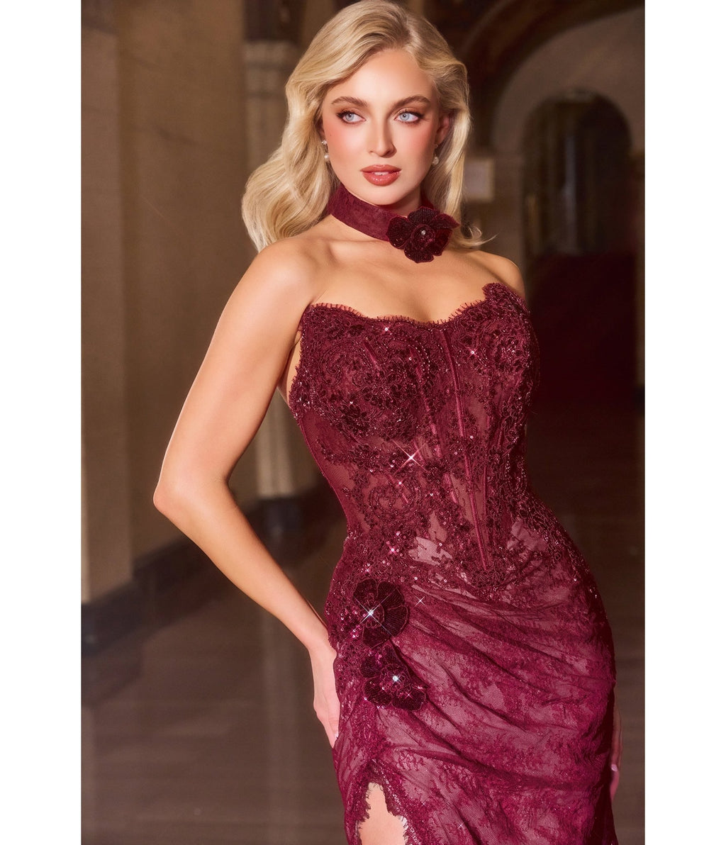 LaDivine by Cinderella Divine Burgundy Strapless Beaded Lace Appliqués Evening Gown - Unique Vintage - Womens