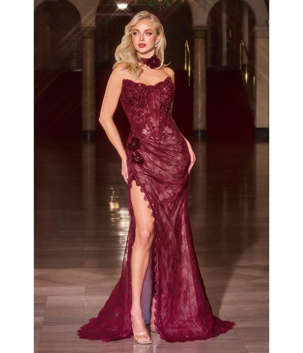 LaDivine by Cinderella Divine Burgundy Strapless Beaded Lace Appliqués Evening Gown - Unique Vintage - Womens