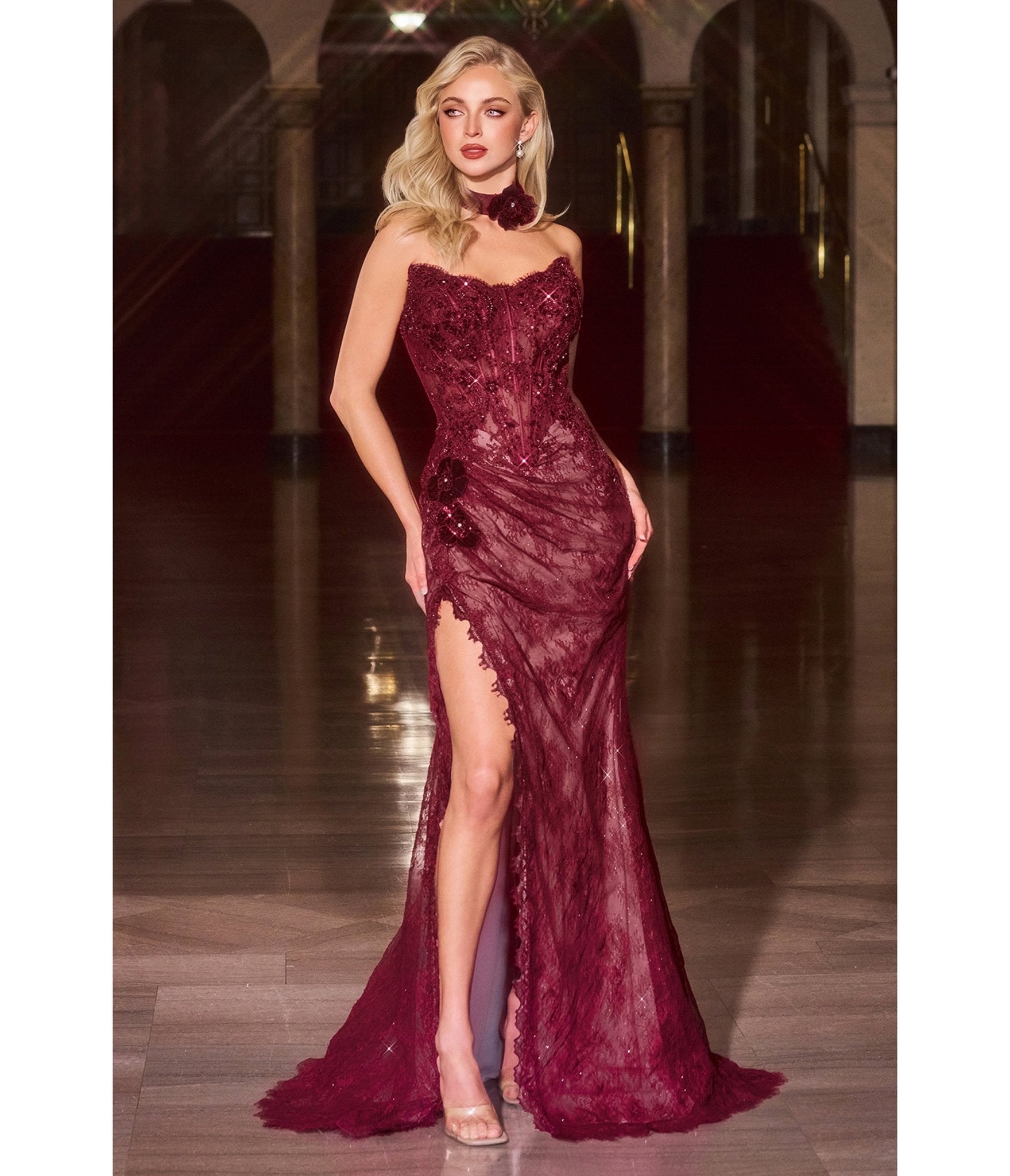 LaDivine by Cinderella Divine Burgundy Strapless Beaded Lace Appliqués Evening Gown - Unique Vintage - Womens