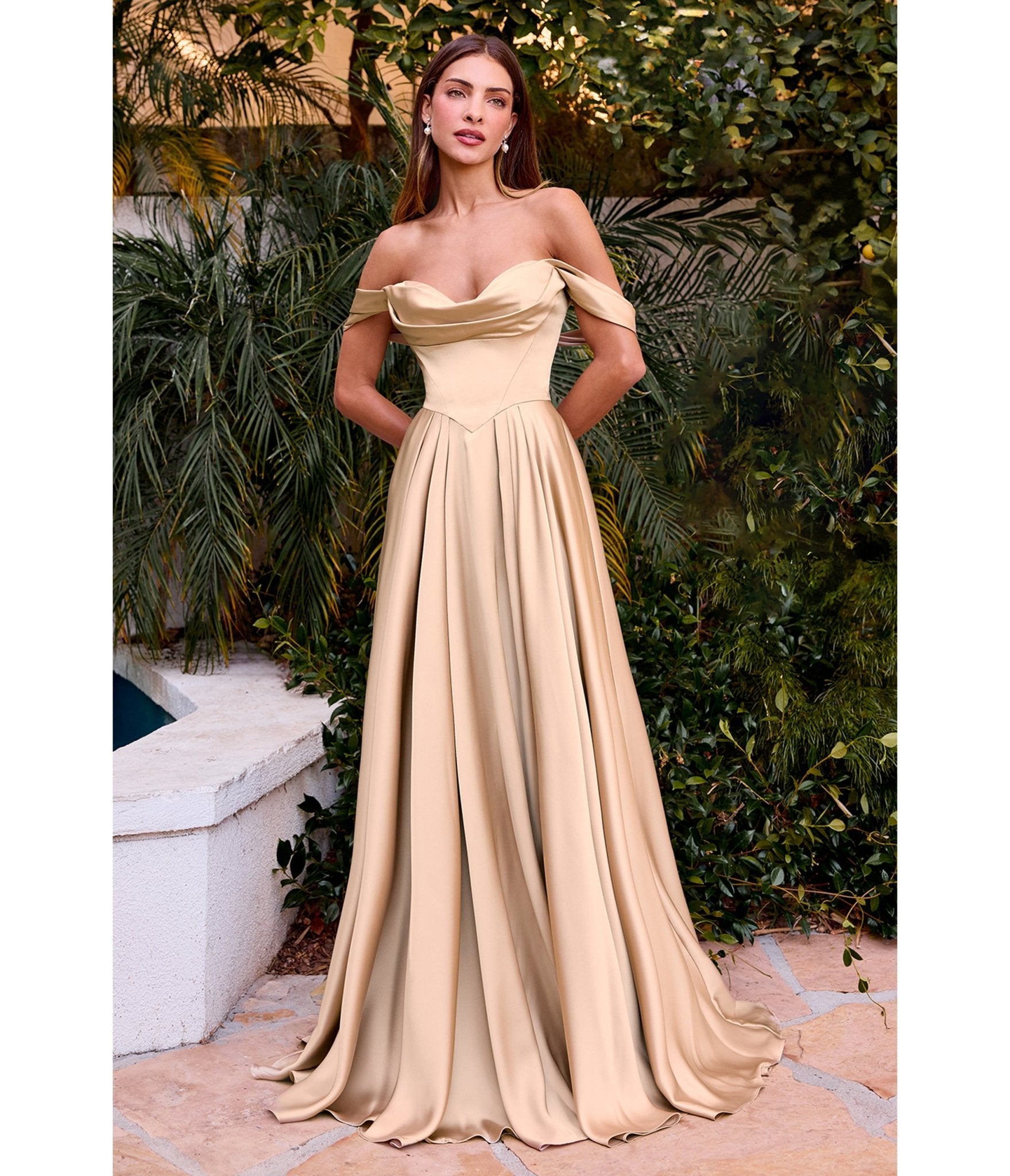 LaDivine by Cinderella Divine Champagne Satin Off - Shoulder Pleated Neck Gown - Unique Vintage - Womens