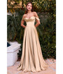 LaDivine by Cinderella Divine Champagne Satin Off-Shoulder Pleated Neck Gown