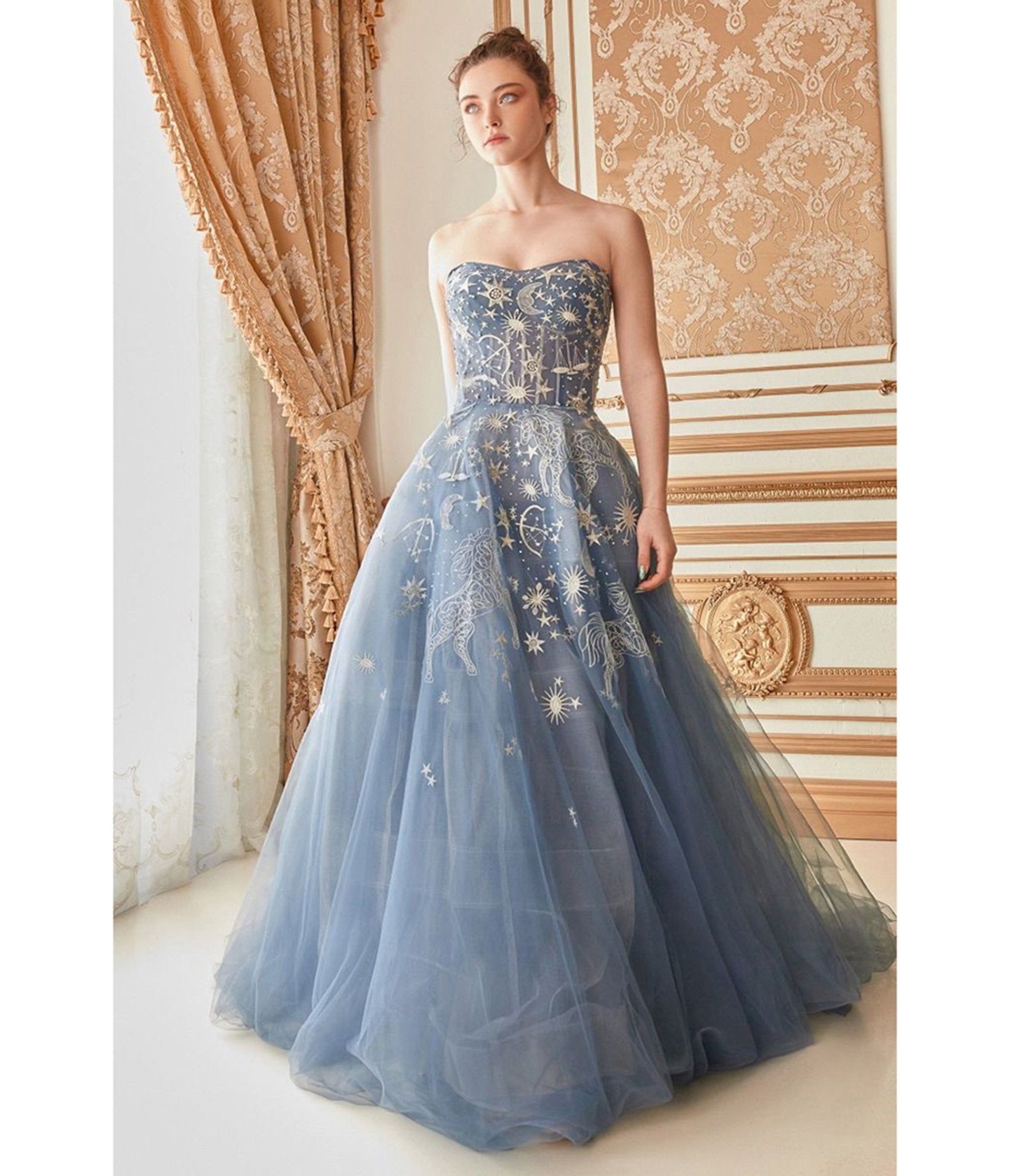 Ladivine by Cinderella Divine Dusty Blue Constellation Tulle Prom Ball Gown - Unique Vintage - Womens, DRESSES, PROM