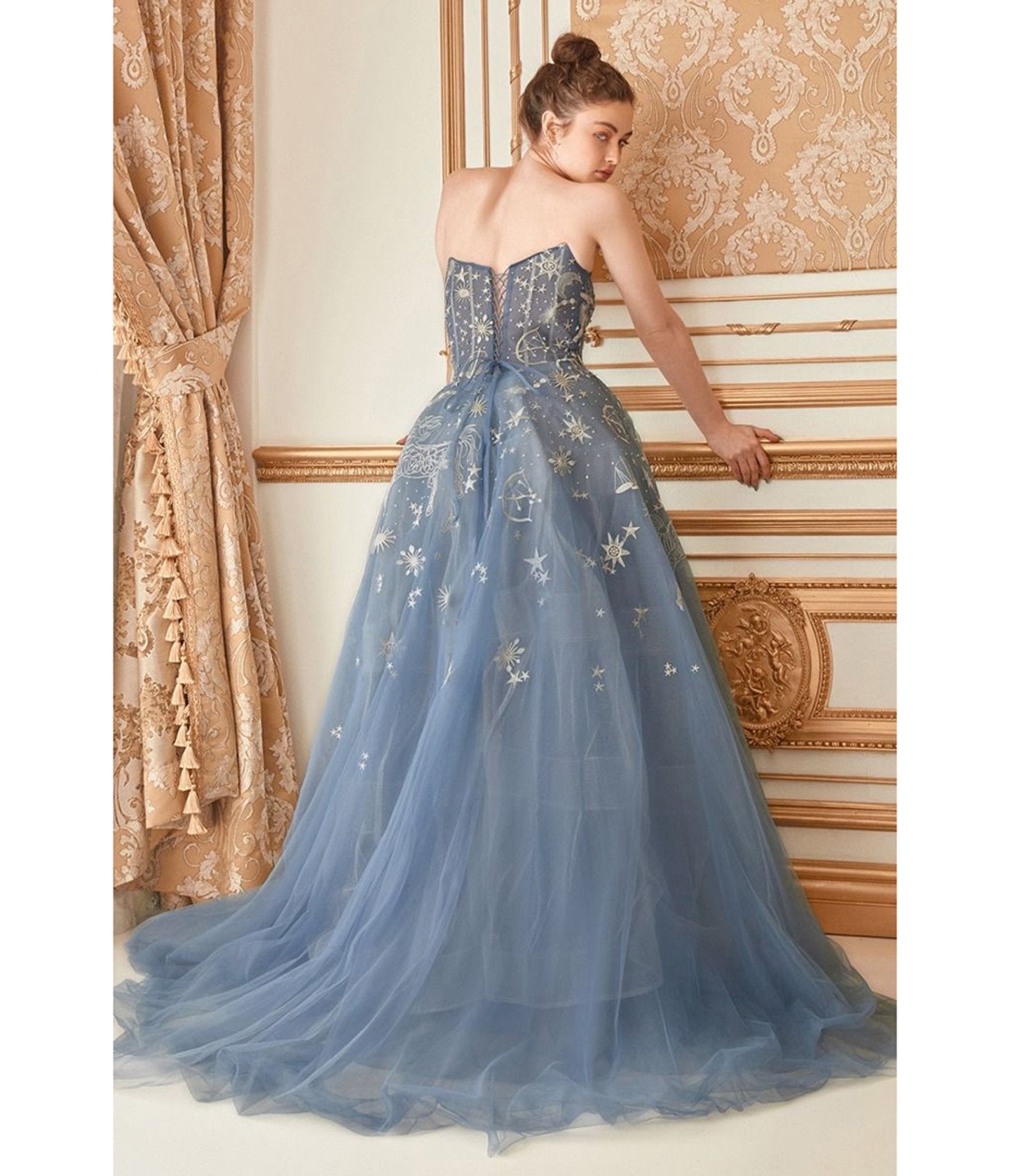Ladivine by Cinderella Divine Dusty Blue Constellation Tulle Prom Ball Gown - Unique Vintage - Womens, DRESSES, PROM