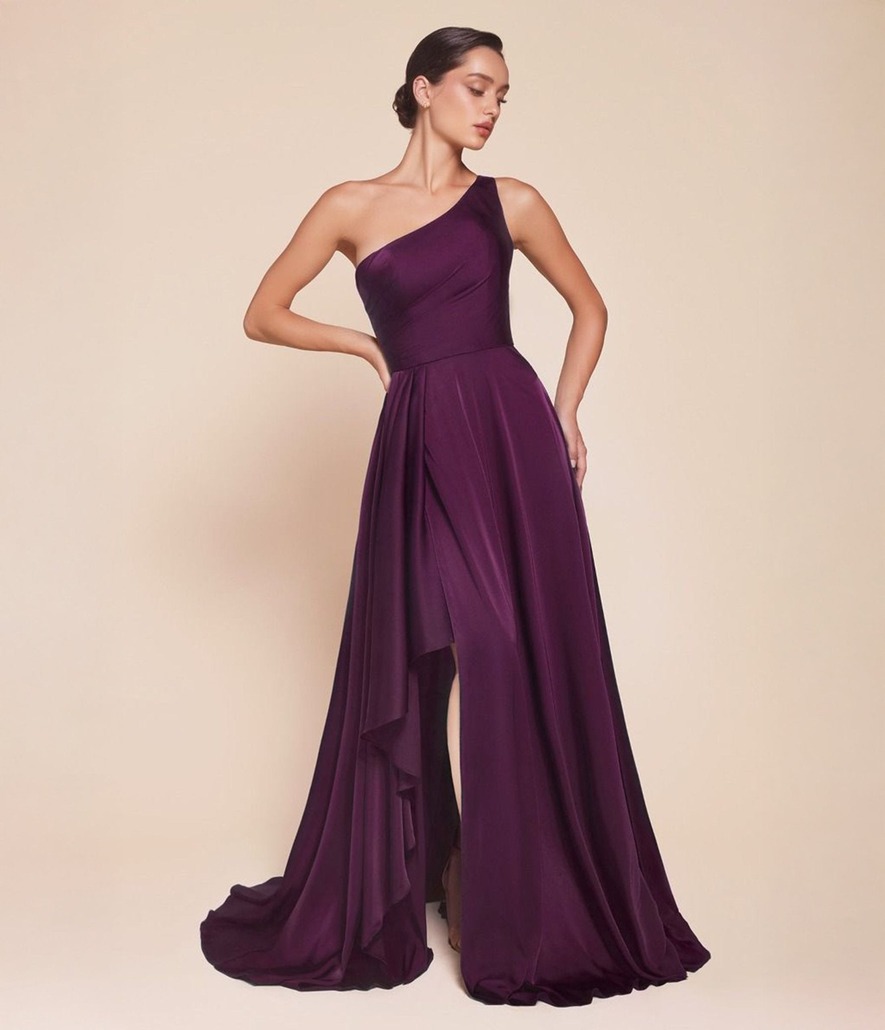 Ladivine by Cinderella Divine Eggplant One Shoulder Satin A - line Dress - Unique Vintage - Womens, DRESSES, PROM AND SPECIAL OCCASION