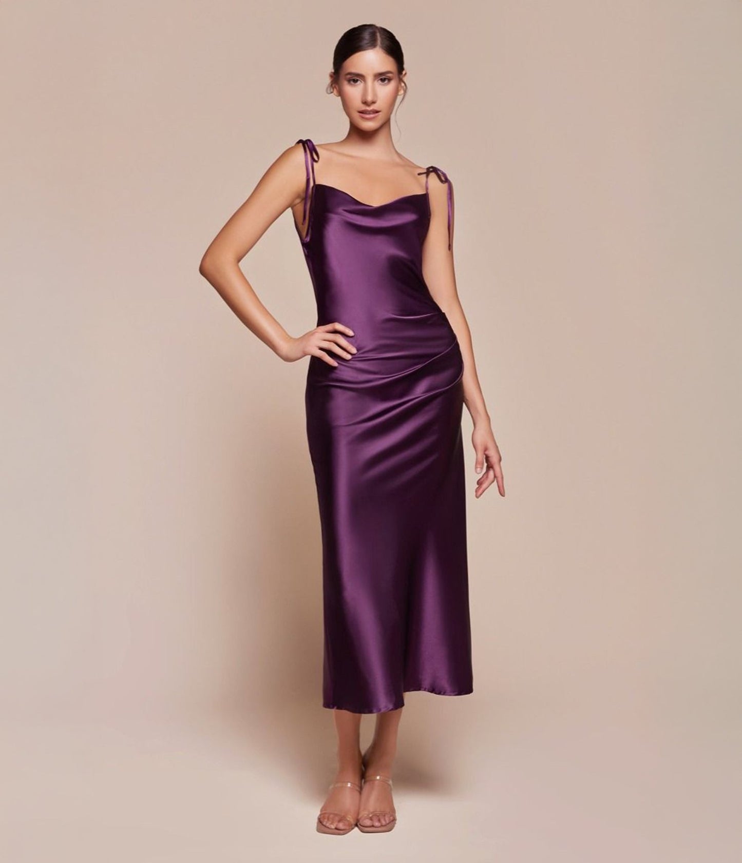Ladivine by Cinderella Divine Eggplant Slim Fit Satin Midi Dress - Unique Vintage - Womens, DRESSES, PROM & SPECIAL OCCASION