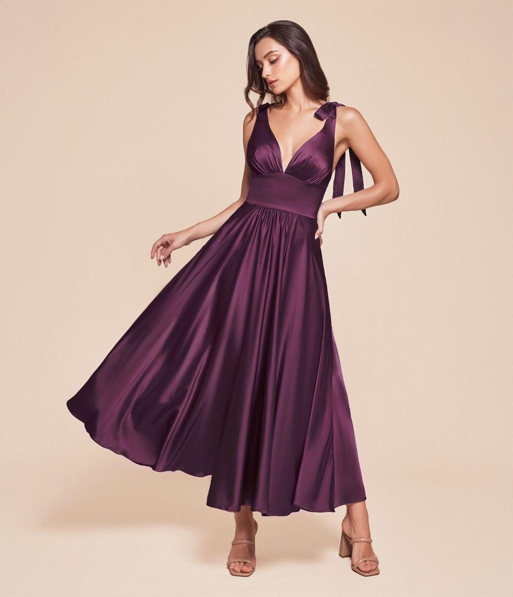 Ladivine by Cinderella Divine Eggplant Tea Length Satin ALine Dress - Unique Vintage - Womens, DRESSES, PROM SPECIAL OCCASION