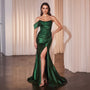 Ladivine by Cinderella Divine Emerald One Off Shoulder Satin Prom Gown
