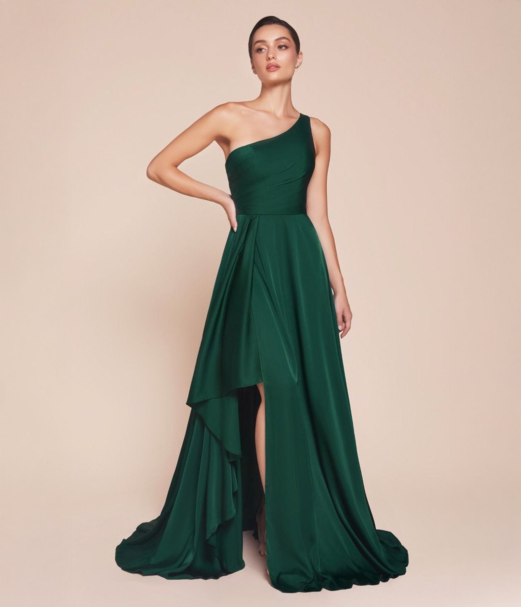 Ladivine by Cinderella Divine Emerald One Shoulder Satin A - line Dress - Unique Vintage - Womens, DRESSES, PROM AND SPECIAL OCCASION