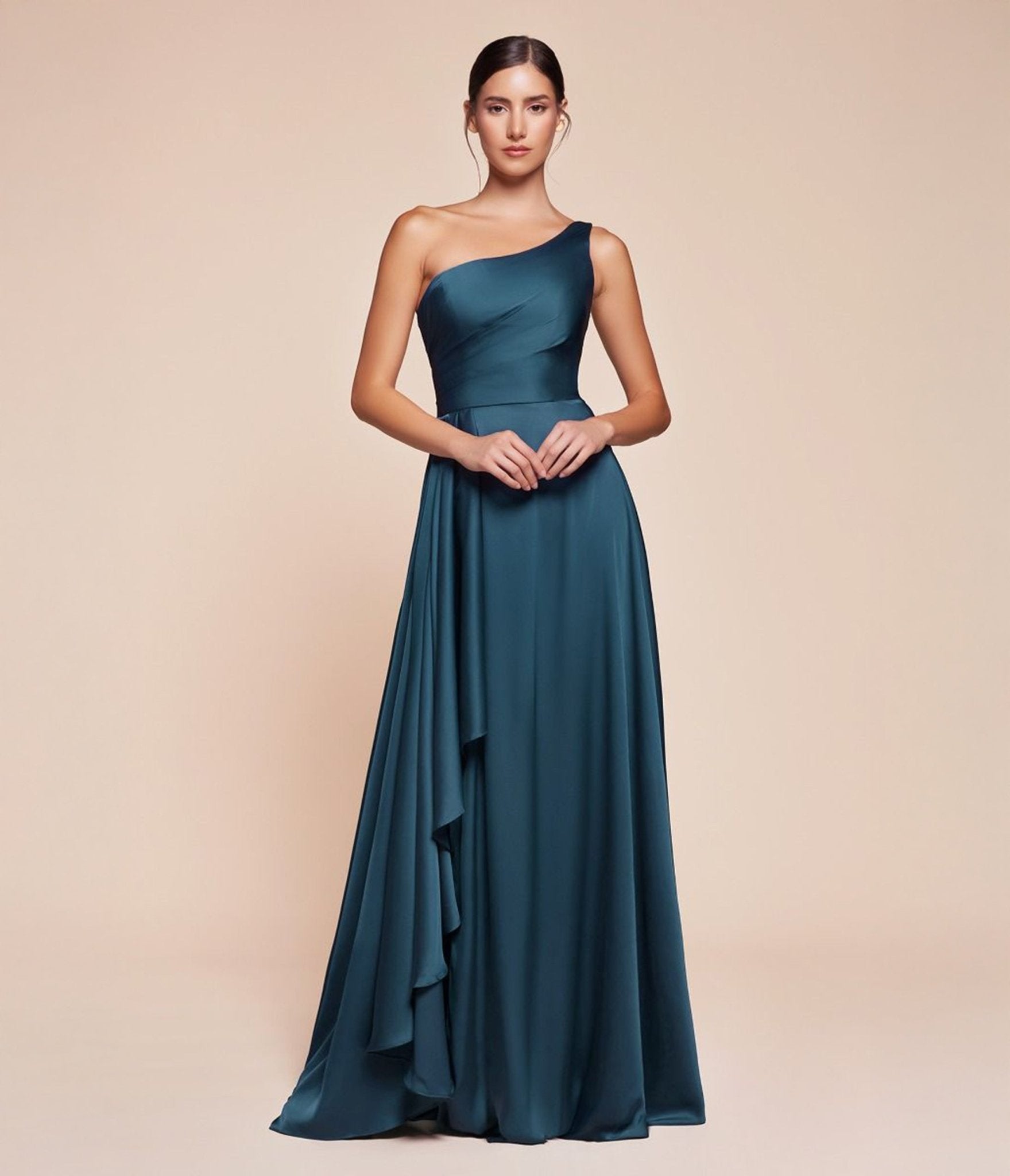 Ladivine by Cinderella Divine French Navy One Shoulder Satin Aline Dress - Unique Vintage - Womens, DRESSES, PROM